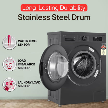 LG 7 kg 5 Star, Inverter Direct Drive Technology, 6 Motion DD, Reduce germs & allergens with steam cycles, In-built Heater & Touch Panel Fully Automatic Front Load with In-built Heater Black, Grey (FHB1207Z2M)