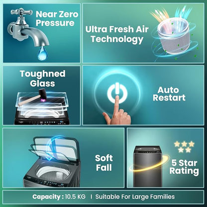 Haier 10 kg Powerful Oceanus Wave Drum, Custom Wash Cycles with 15 Mins Quick Wash, Smart Fuzzy Control, Balance Clean Pulsator, Magic Filter, Castor Wheels Fully Automatic Top Load Black (ETL100-C3P