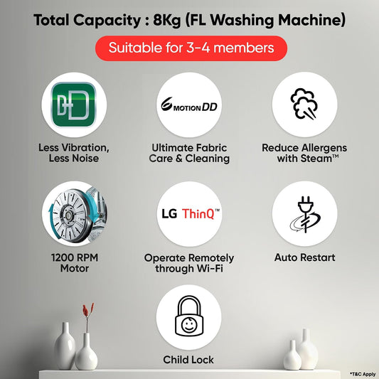 LG 8 kg 5 Star, Inverter Direct Drive Technology, Wi-Fi Enabled, 6 Motion DD, Steam Fully Automatic Front Load with In-built Heater Grey, Black (FHB1208Z4M)