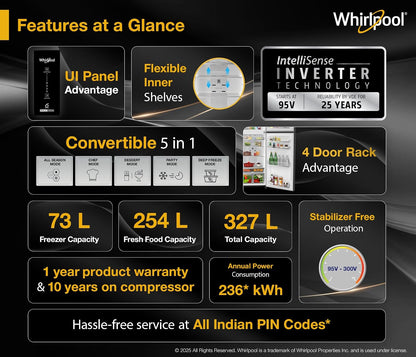 Whirlpool 327 L Frost Free Double Door 3 Star Refrigerator (Illusia Steel, IF INV 375 ILLUSIA STEEL(3S) CONV-Y)