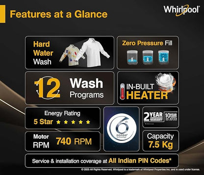 Whirlpool 7.5 Kg 5 Star StainWash Magic Clean PRO Fully Automatic Top Load Washing Machine (MAGIC CLEAN PRO SW 7.5 (H) GREY 10YMW with In-Built Heater)