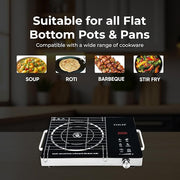 CADLEC HeatMate 2200W Infrared Cooktop | Versatile Cooking, All Utensils Compatible, 3 Preset Cooking Modes, Touch Control, Crystal Glass Plate & Digital Display | Barbecue Grill Rack | Black