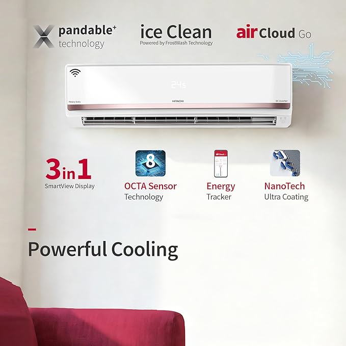 Hitachi 2 Ton 3 Star Heavy Duty Smart Inverter Split AC (Copper, Wi-Fi, Long air throw, Smart View Display, ice Clean, Hybrid Convertible, Anti-Bacterial Mesh Filter, RAS.Y324PCDISL)