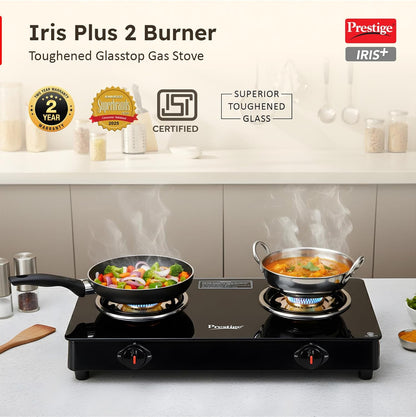 Prestige IRIS Toughened Glass-Top 2 Brass Burner LPG Gas Stove | Black | Spill Proof | Ergonomic Knobs | Tri-Pin Brass Burners |Open