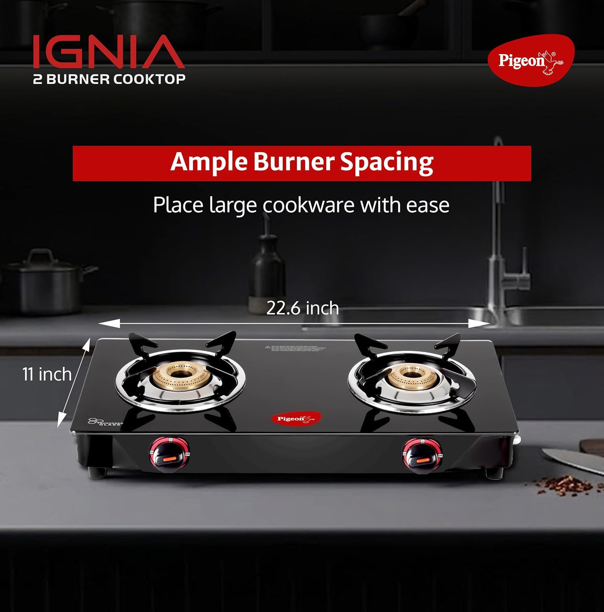 Pigeon Ignia 2 Burner Gas Stove | Brass Burner | Easy Cleaning | Toughened Glass