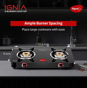 Pigeon Ignia 2 Burner Gas Stove | Brass Burner | Easy Cleaning | Toughened Glass