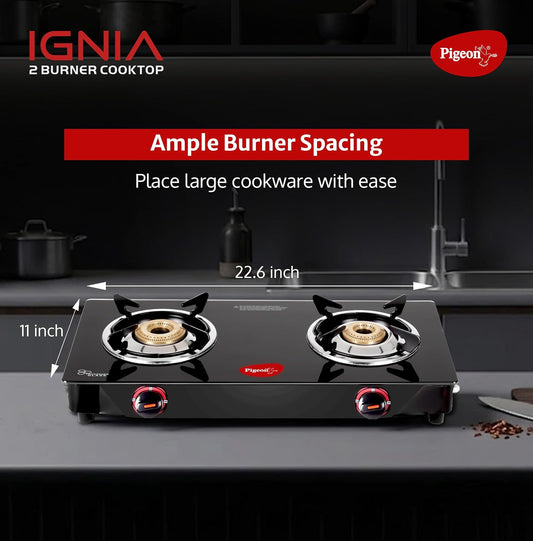 Pigeon Ignia 2 Burner Gas Stove | Brass Burner | Easy Cleaning | Toughened Glass