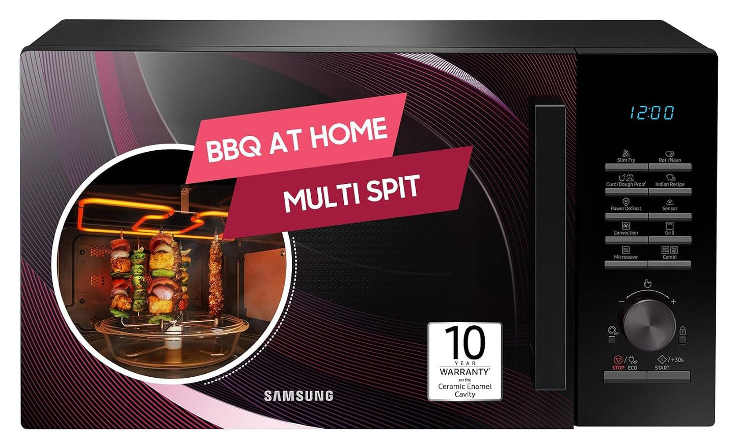Samsung 28 L Slim Fry, Sensor Cook and Multi Spit Convection Microwave Oven (MC28A5145VR/TL, Black and Pattern, Ceramic Enamel Cavity with 10 Year Warranty