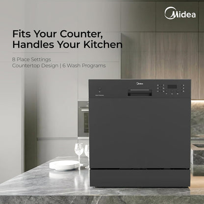 Midea 8 Place Setting Countertop Dishwasher, 6 Wash Programs, Intensive Wash, Water Efficient (Portable Table Top, Compact Design, Suitable for Indian Utensils, Small Family Use)