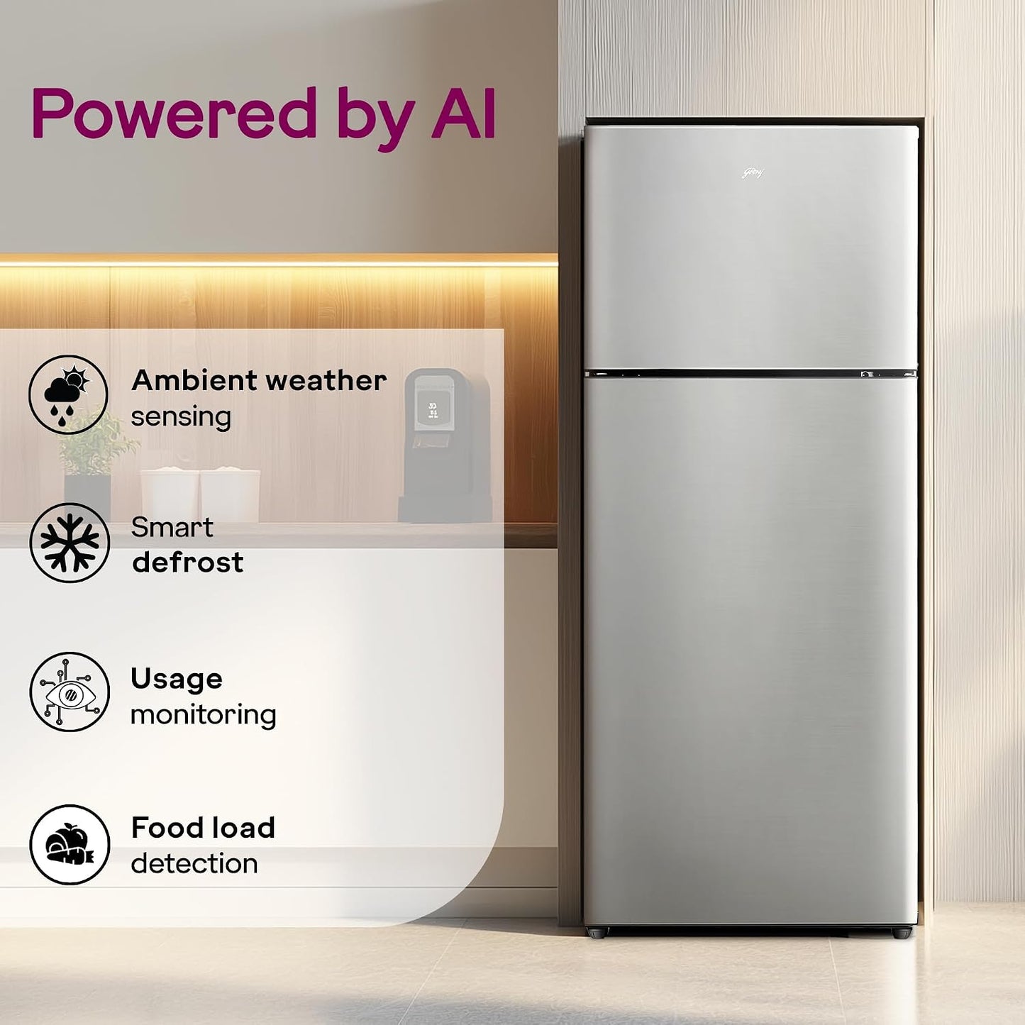 Godrej 223 L 2 Star 5 Years Comprehensive Warranty | 95%+ Food Surface Disinfection | Uniform 360° Cooling | Inverter Frost Free Double Door Refrigerator (RF EON 244B RI ST GL, Steel Glow)