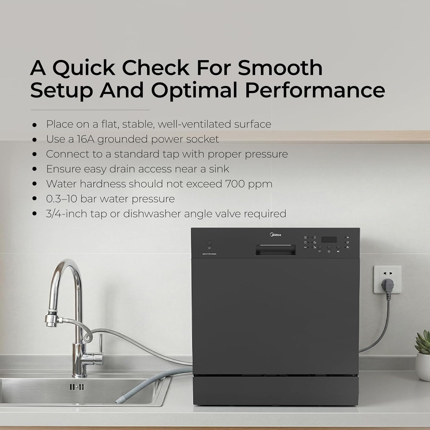 Midea 8 Place Setting Countertop Dishwasher, 6 Wash Programs, Intensive Wash, Water Efficient (Portable Table Top, Compact Design, Suitable for Indian Utensils, Small Family Use)