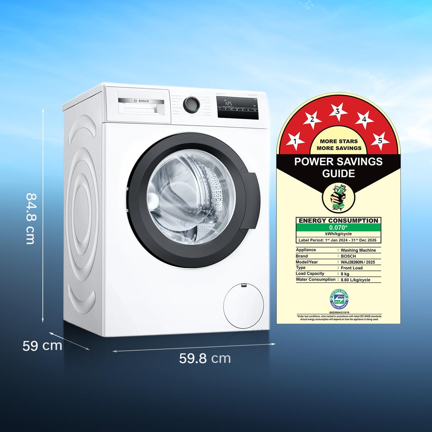 Bosch 8 kg 5 Star Front Load Fully-Automatic Washing Machine, AI ActiveWater, 15 Wash Programs, Removes 99.9% Germs with Steam, No Tangle or Wrinkle,White, WAJ28260IN