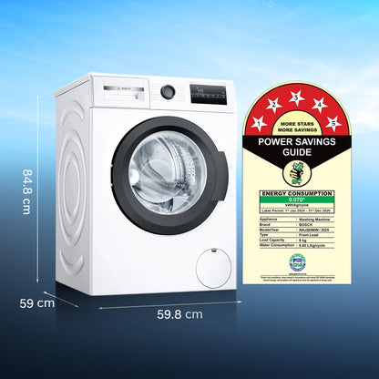 Bosch 8 kg 5 Star Front Load Fully-Automatic Washing Machine, AI ActiveWater, 15 Wash Programs, Removes 99.9% Germs with Steam, No Tangle or Wrinkle,White, WAJ28260IN