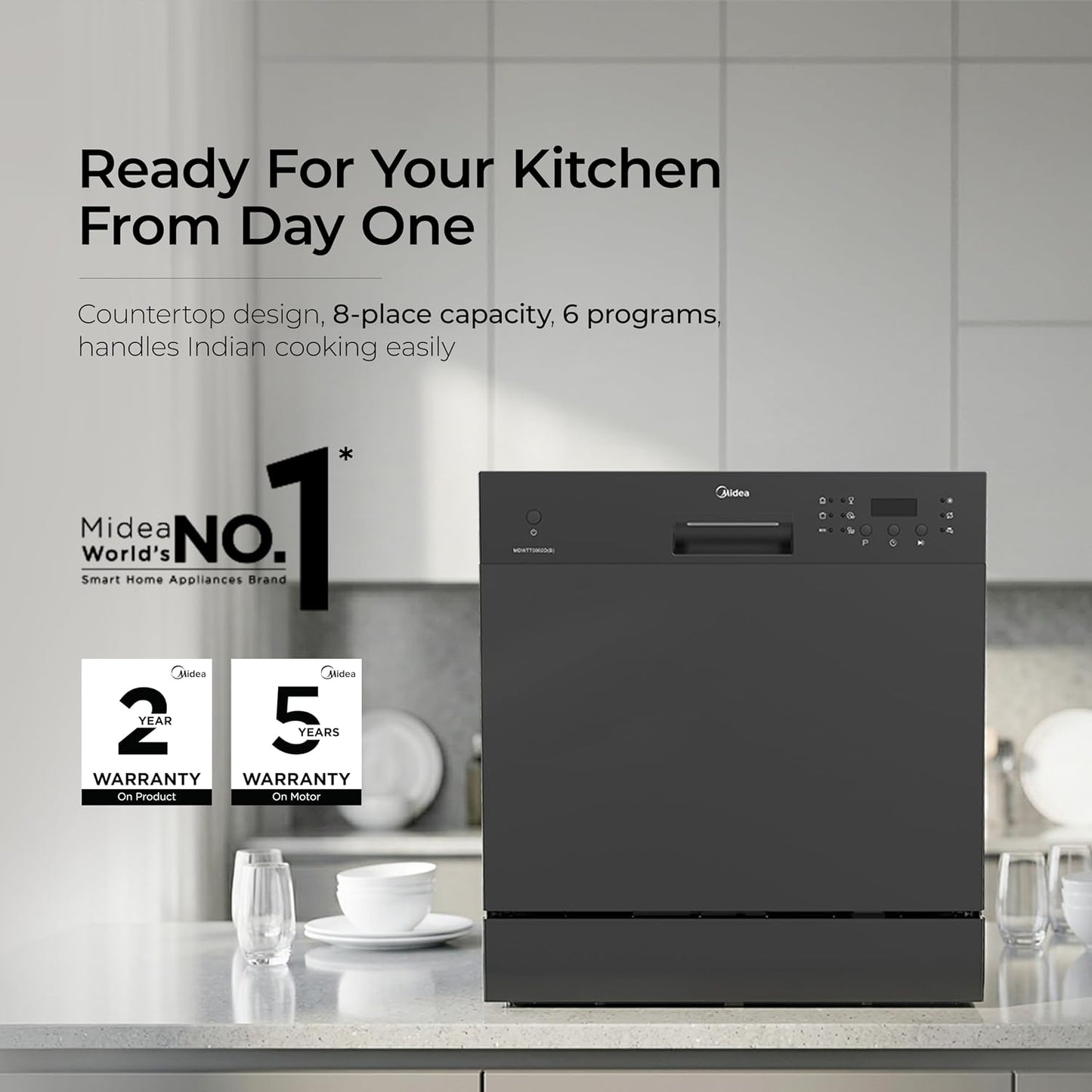 Midea 8 Place Setting Countertop Dishwasher, 6 Wash Programs, Intensive Wash, Water Efficient (Portable Table Top, Compact Design, Suitable for Indian Utensils, Small Family Use)