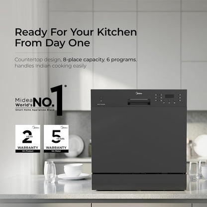 Midea 8 Place Setting Countertop Dishwasher, 6 Wash Programs, Intensive Wash, Water Efficient (Portable Table Top, Compact Design, Suitable for Indian Utensils, Small Family Use)