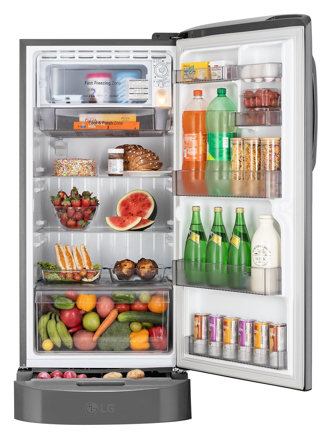 LG 210 L, 5 Star, Smart Inverter, Direct Cool Single Door Refrigerator (GLD2256ZAPZ, Shiny Steel, Fit Max Chiller Tray, Base stand with Drawer & Runs on Home Inverter)