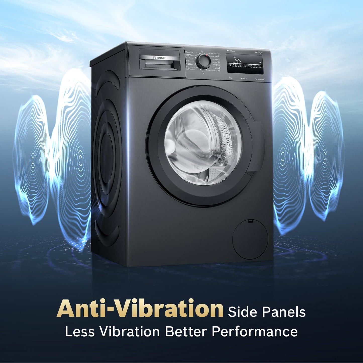Bosch 8 kg 5 Star Front Load Fully-Automatic Washing Machine, AI ActiveWater,15 Wash Programs, Removes 99.9% Germs with Steam, No Tangle or Wrinkle, Zero Vibration, Black/Grey, WAJ2826CIN