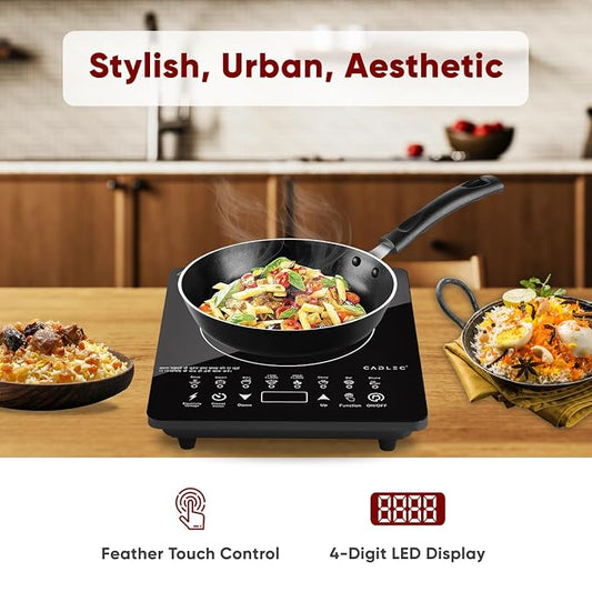CADLEC CookXpert 2000W Induction Cooktop for Kitchen | Fast Heating, Feather Touch Control, 8 Preset Menus, LED Display, Auto Cut-Off & Overheat Protection | BIS Approved, 2-Year Warranty | Black
