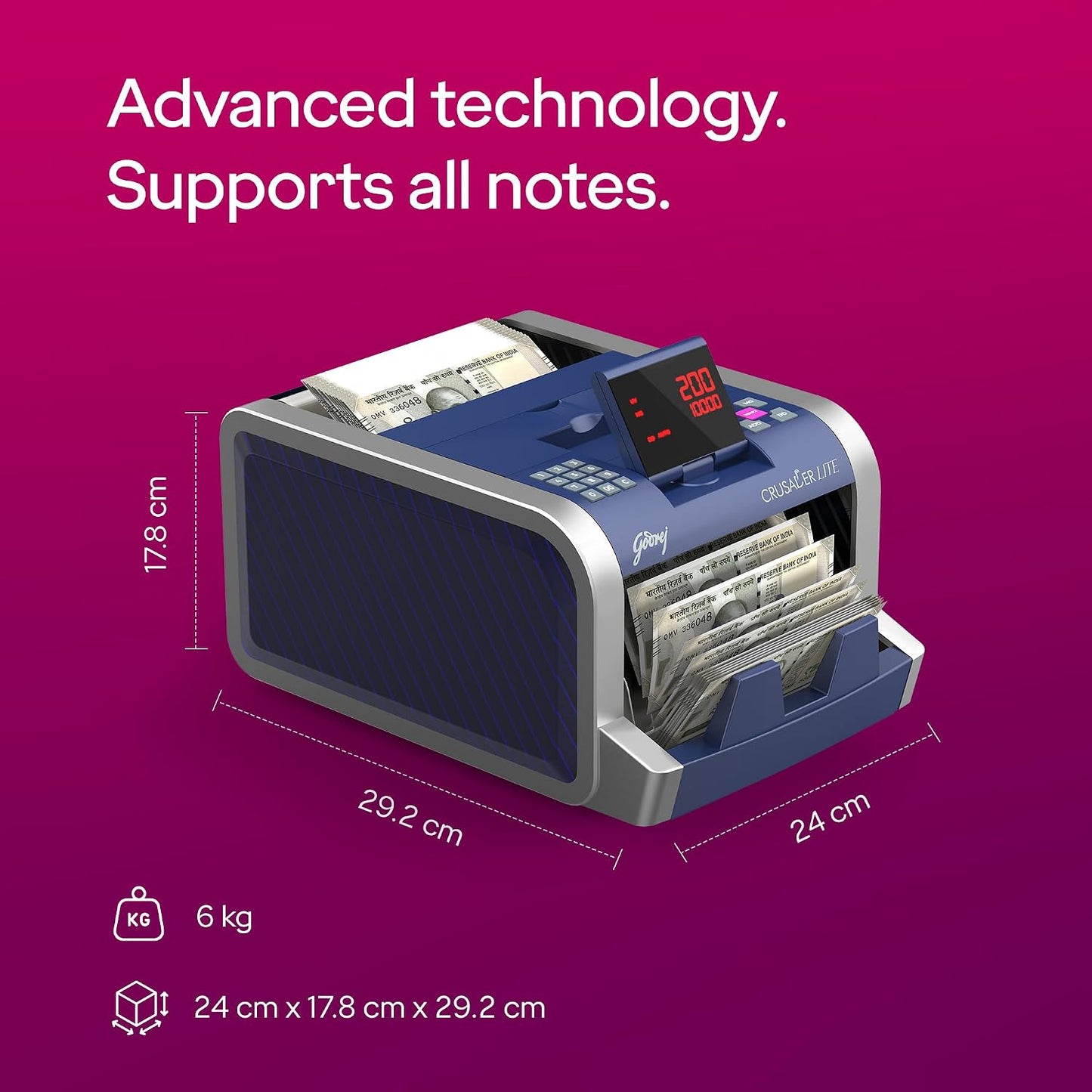 Godrej Security Solutions Bill Counter Crusader Lite Cash/Currency Counting Machine 1000 Notes/Min With Customer Display Unit | Fully Automatic & UV, MG & IR Sensors | Fake Note Detector For Bank Home