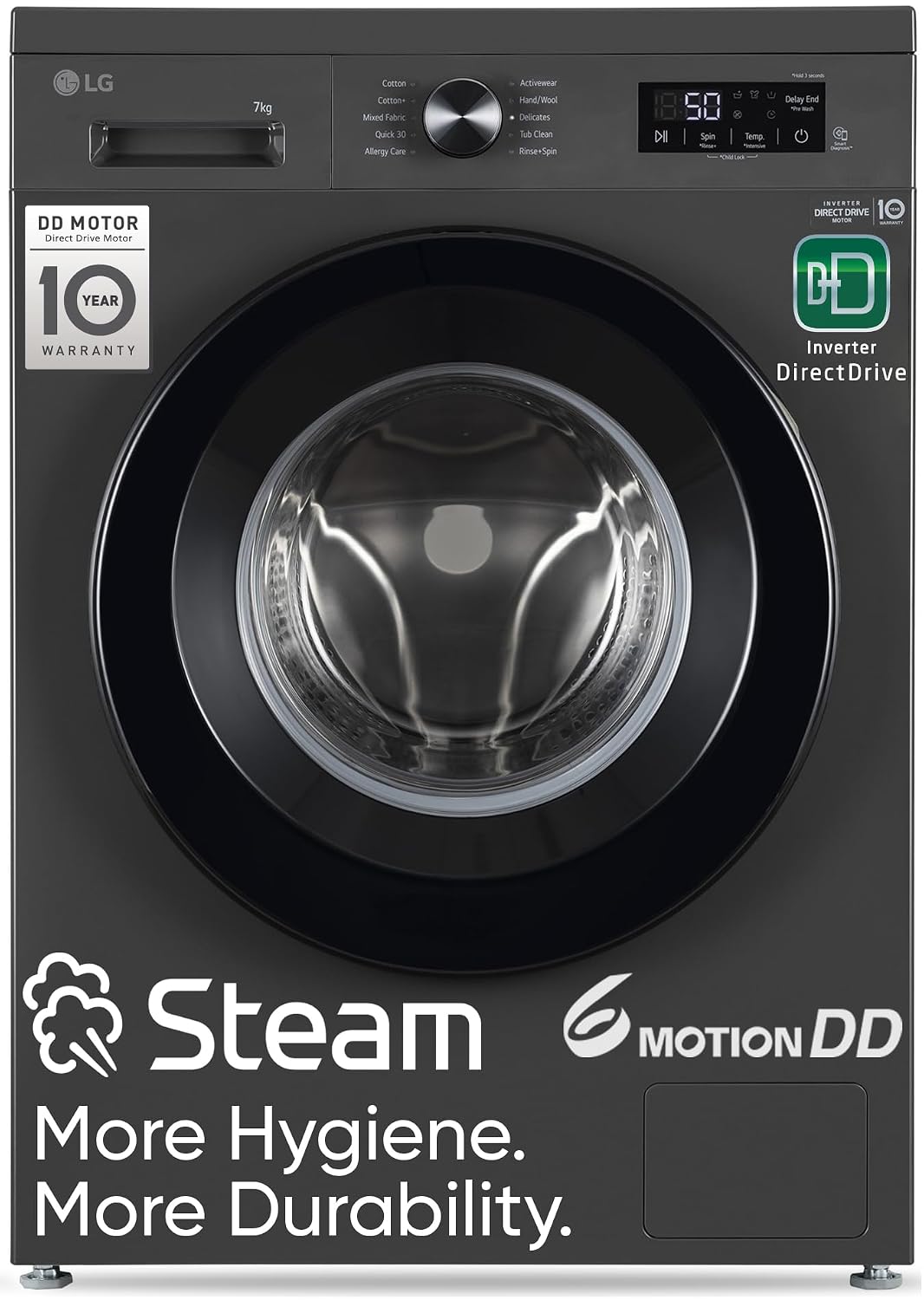 LG 7 kg 5 Star, Inverter Direct Drive Technology, 6 Motion DD, Reduce germs & allergens with steam cycles, In-built Heater & Touch Panel Fully Automatic Front Load with In-built Heater Black, Grey (FHB1207Z2M)