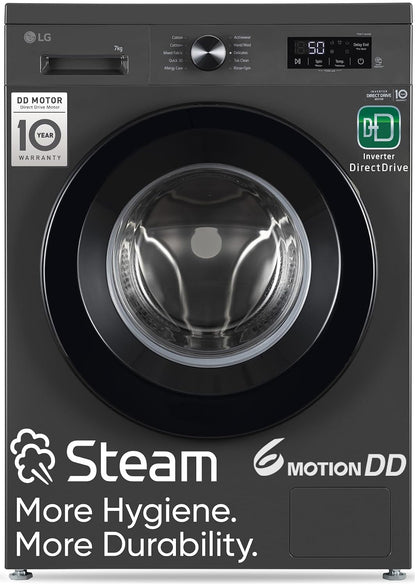 LG 7 kg 5 Star, Inverter Direct Drive Technology, 6 Motion DD, Reduce germs & allergens with steam cycles, In-built Heater & Touch Panel Fully Automatic Front Load with In-built Heater Black, Grey (FHB1207Z2M)