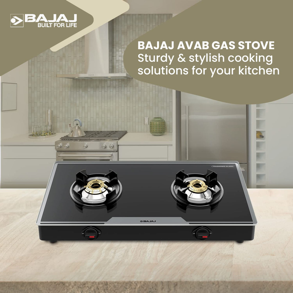 Bajaj 2Brgp7 Stainless Steel Glass Top Gas Stove with 2 Brass Burners, Isi Certified, Anti-Viral & Anti-Bacterial Coating, Black, Regular, Open