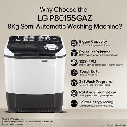 LG 8Kg Semi Automatic Washing Machine, Roller Jet Pulsator + Soak, Full Dark Blue, 5 Star MODEL  P8015SBAZ