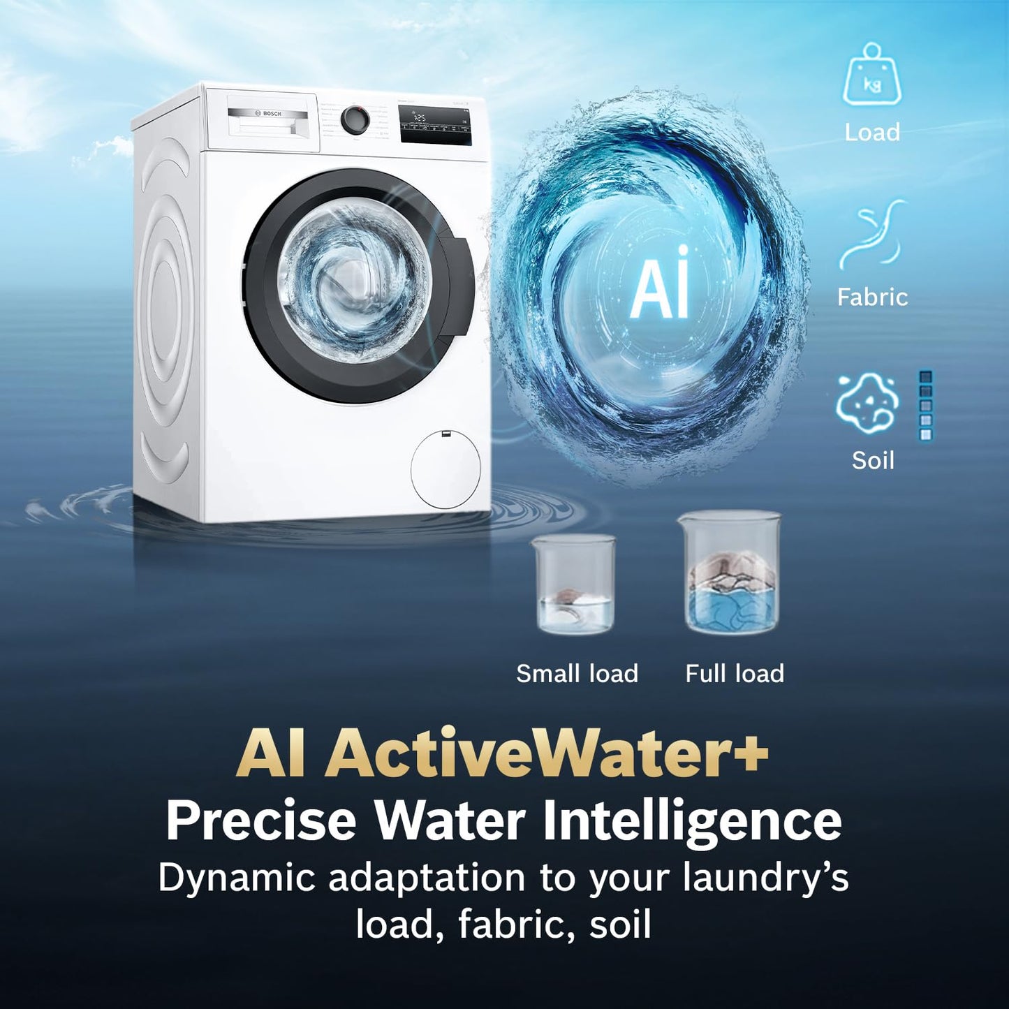 Bosch 8 kg 5 Star Front Load Fully-Automatic Washing Machine, AI ActiveWater, 15 Wash Programs, Removes 99.9% Germs with Steam, No Tangle or Wrinkle,White, WAJ28260IN