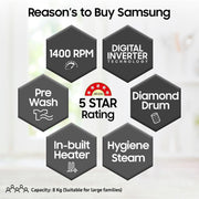 SAMSUNG 8 kg 5 Star Inverter Fully Automatic Front Load Washing Machine (WW80T4040CE1TL, Diamond Drum, White)