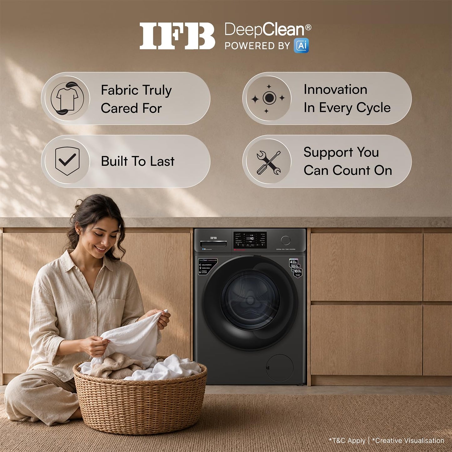 IFB 7 Kg 5 Star, DeepClean® Technology, AI Powered, WiFi, Fully Automatic Front Load Washing Machine (SERENA OXN 7012 CMS, PowerSteam®, 9 Swirl, Steam Refresh, Inbuilt Heater, Eco Inverter, Onyx)