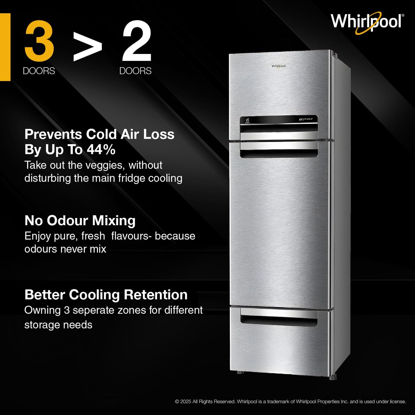 Whirlpool 235 L Frost Free Triple-Door Refrigerator | Zeolite Technology | Microblock Technology(FP 253D PROTTON ROY RADIANT STEEL(Z), Up to 44% Reduction in Cold Air Loss*]
