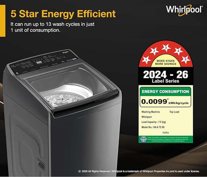Whirlpool 7.5 Kg 5 Star StainWash Magic Clean PRO Fully Automatic Top Load Washing Machine (MAGIC CLEAN PRO SW 7.5 (H) GREY 10YMW with In-Built Heater)
