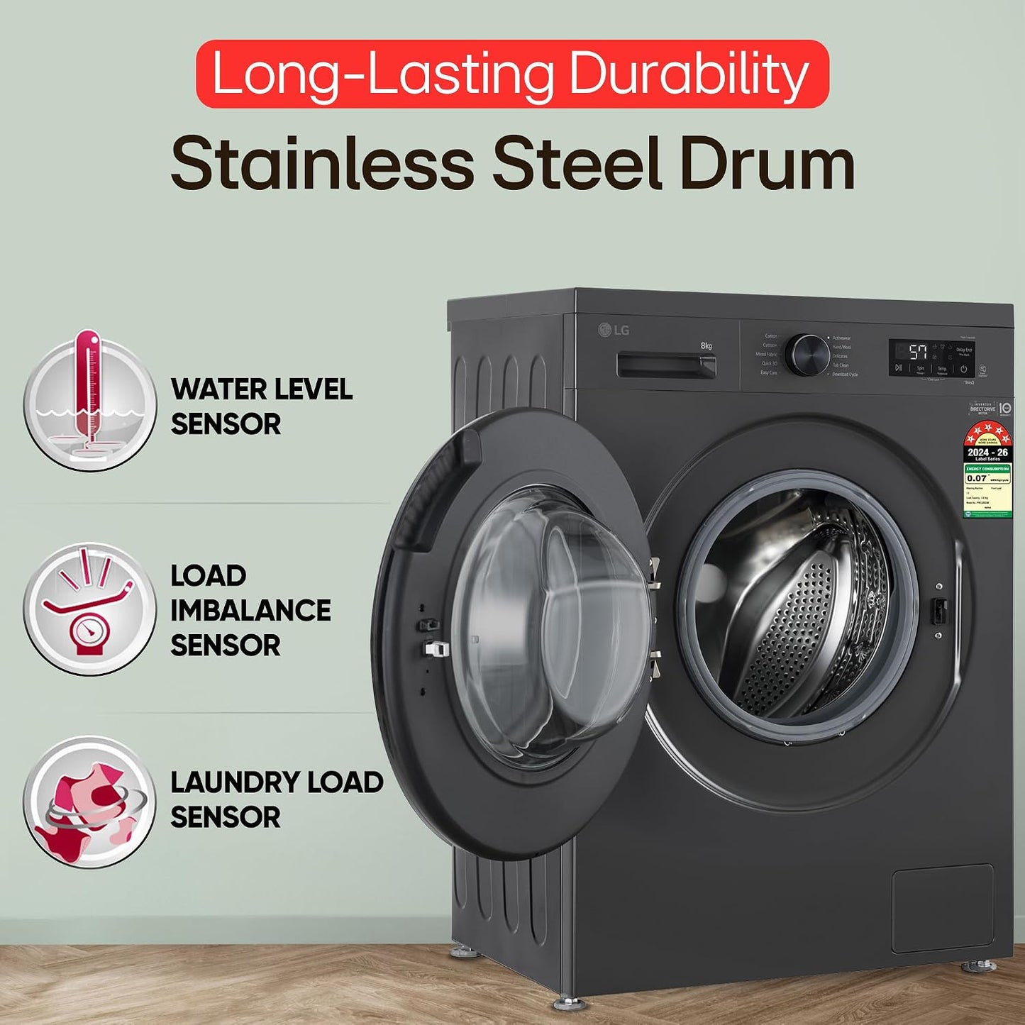 LG 8 kg 5 Star, Inverter Direct Drive Technology, Wi-Fi Enabled, 6 Motion DD, Steam Fully Automatic Front Load with In-built Heater Grey, Black (FHB1208Z4M)