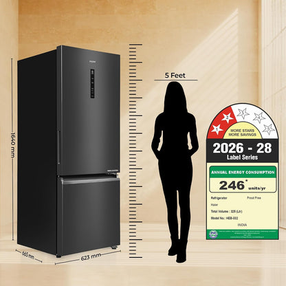 Haier 325 L 2 Star Frost Free Triple Inverter Double Door Bottom Mount Refrigerator, Digital Touch Display & 2X Bigger Fresh Storage (HEB-332GBA-P, GE Black, 14 In 1 Convertible Modes, 2026 Model)