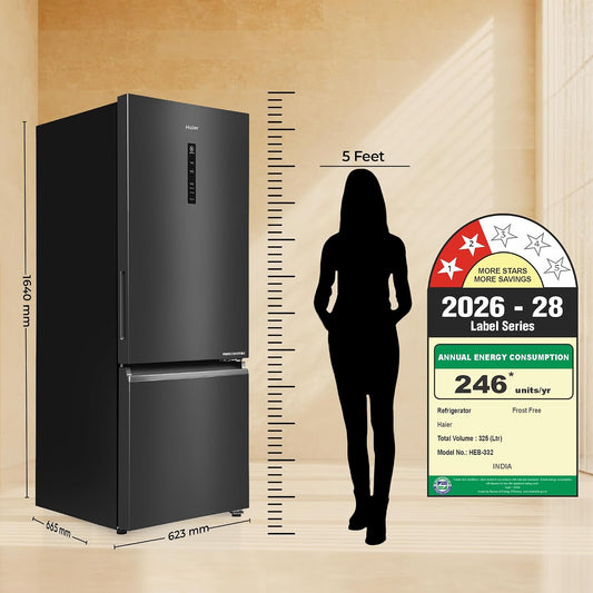 Haier 325 L 2 Star Frost Free Triple Inverter Double Door Bottom Mount Refrigerator, Digital Touch Display & 2X Bigger Fresh Storage (HEB-332GBA-P, GE Black, 14 In 1 Convertible Modes, 2026 Model)