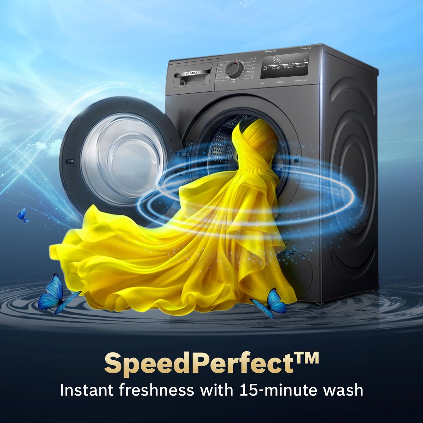 Bosch 8 kg 5 Star Front Load Fully-Automatic Washing Machine, AI ActiveWater,15 Wash Programs, Removes 99.9% Germs with Steam, No Tangle or Wrinkle, Zero Vibration, Black/Grey, WAJ2826CIN
