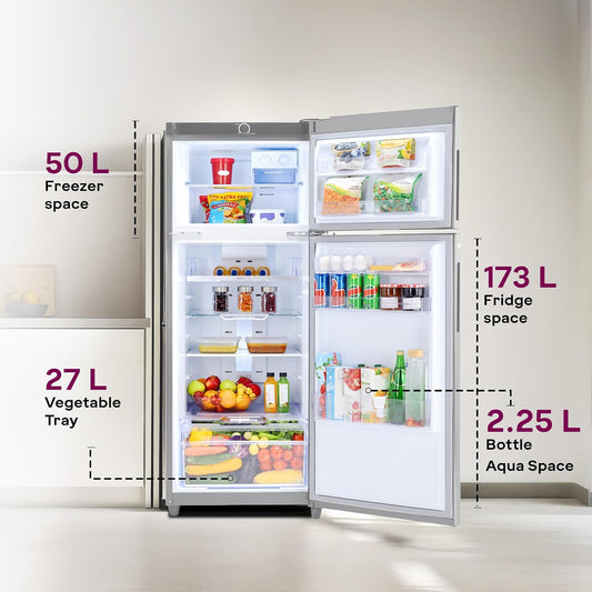Godrej 223 L 2 Star 5 Years Comprehensive Warranty | 95%+ Food Surface Disinfection | Uniform 360° Cooling | Inverter Frost Free Double Door Refrigerator (RF EON 244B RI ST GL, Steel Glow)