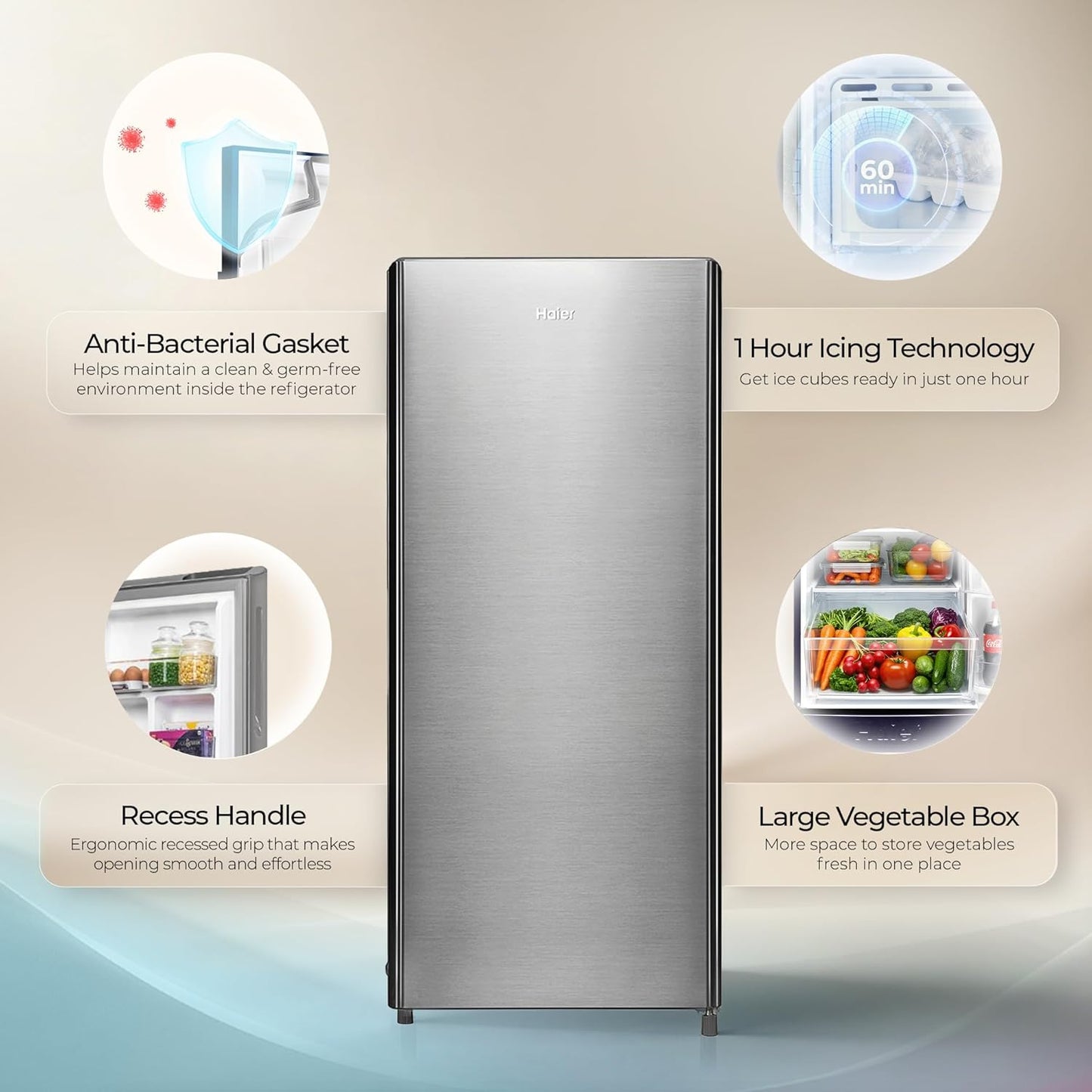 Haier 190 L 4 Star Direct Cool Single Door Refrigerator with Fast Ice Making, Easy Clean Back, Large Vegetable Box (HED-204TDSA-N, Dazzle Steel, 2026 Model)