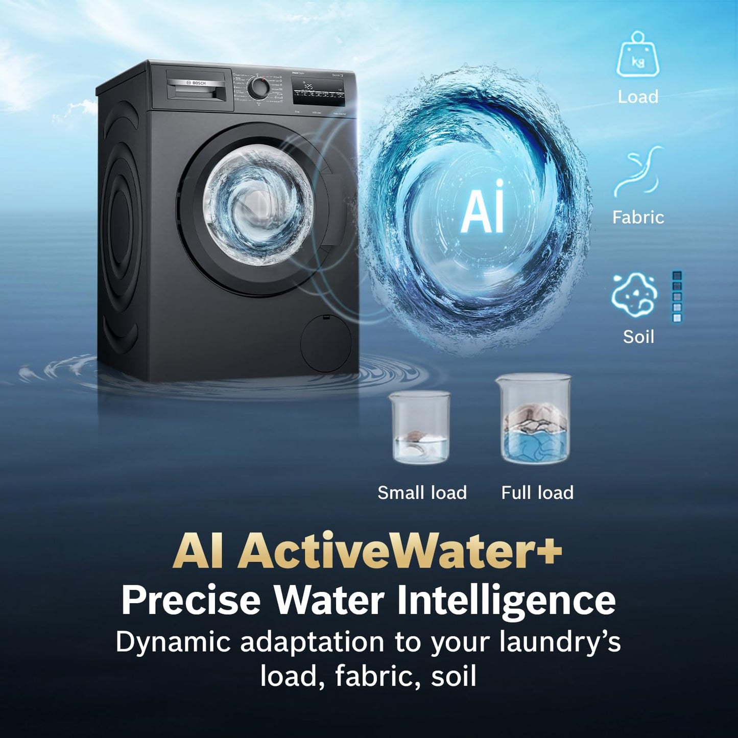 Bosch 8 kg 5 Star Front Load Fully-Automatic Washing Machine, AI ActiveWater,15 Wash Programs, Removes 99.9% Germs with Steam, No Tangle or Wrinkle, Zero Vibration, Black/Grey, WAJ2826CIN
