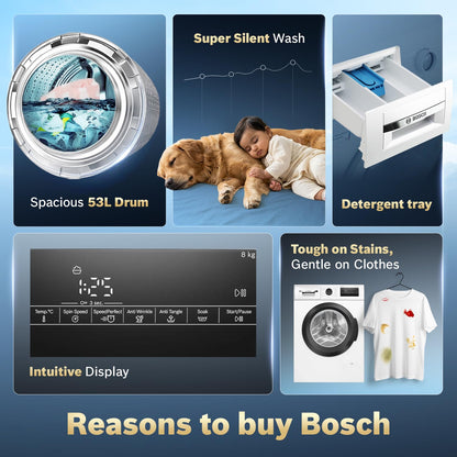 Bosch 8 kg 5 Star Front Load Fully-Automatic Washing Machine, AI ActiveWater, 15 Wash Programs, Removes 99.9% Germs with Steam, No Tangle or Wrinkle,White, WAJ28260IN