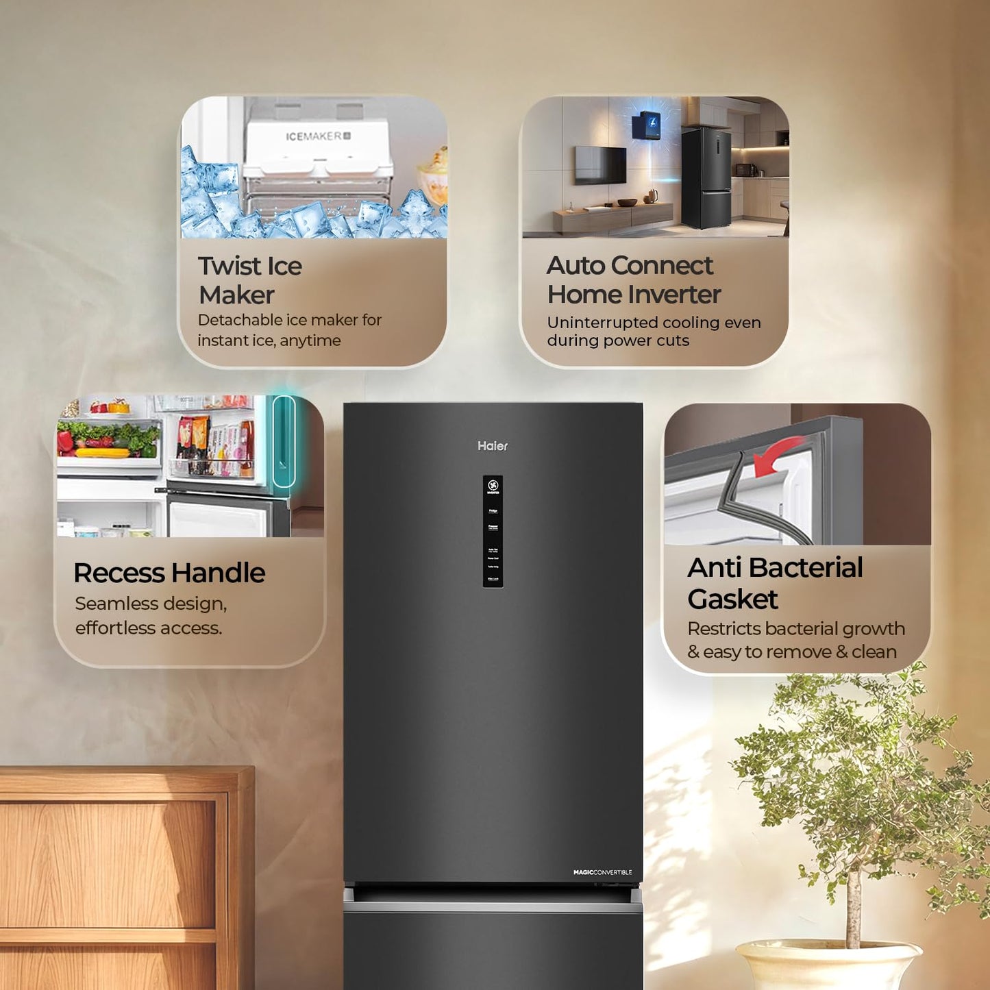 Haier 325 L 2 Star Frost Free Triple Inverter Double Door Bottom Mount Refrigerator, Digital Touch Display & 2X Bigger Fresh Storage (HEB-332GBA-P, GE Black, 14 In 1 Convertible Modes, 2026 Model)
