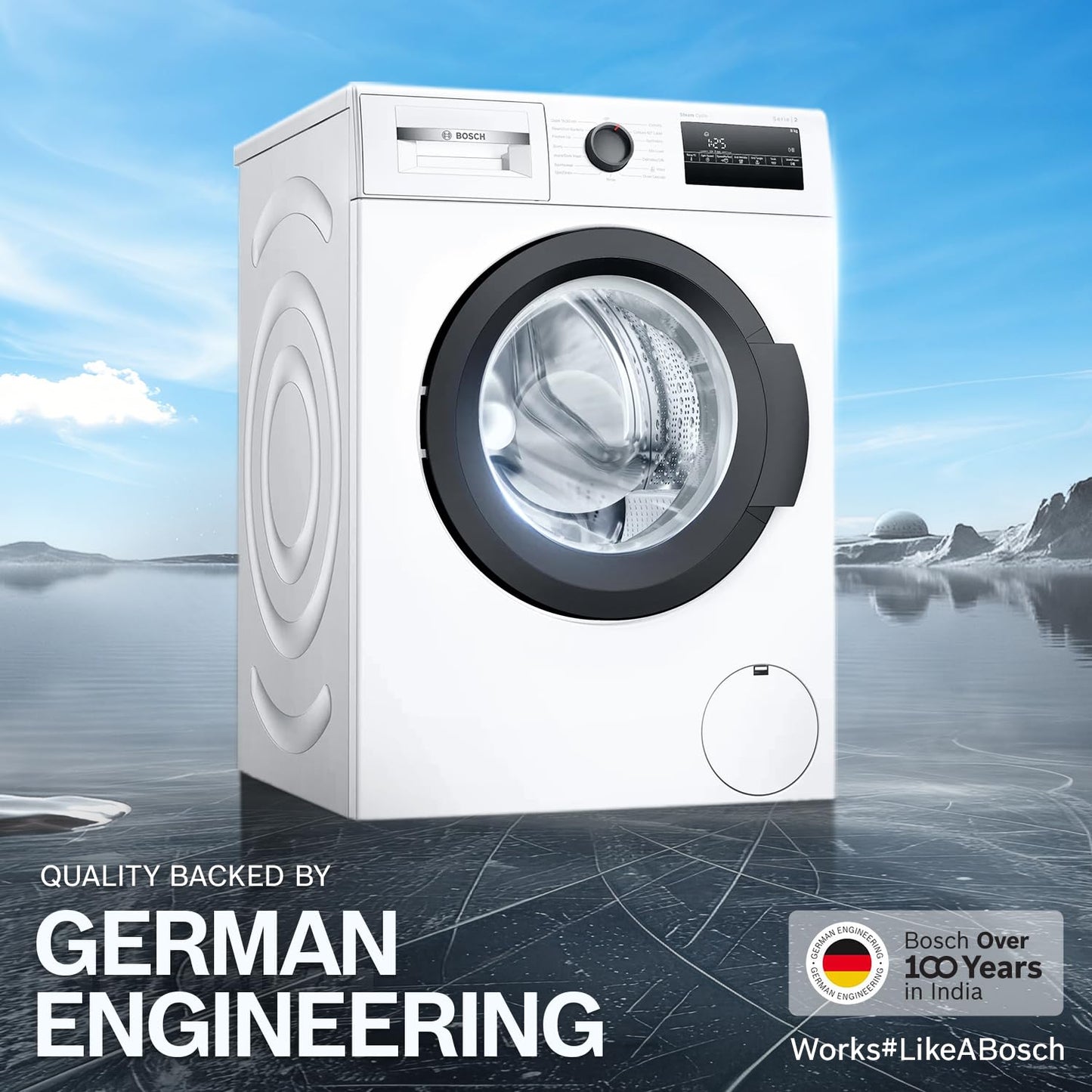 Bosch 8 kg 5 Star Front Load Fully-Automatic Washing Machine, AI ActiveWater, 15 Wash Programs, Removes 99.9% Germs with Steam, No Tangle or Wrinkle,White, WAJ28260IN