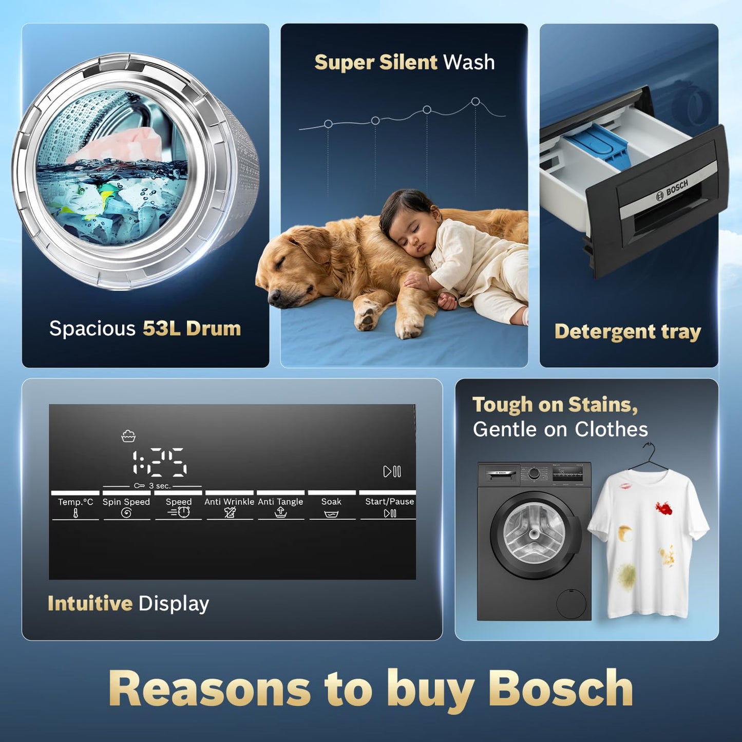 Bosch 8 kg 5 Star Front Load Fully-Automatic Washing Machine, AI ActiveWater,15 Wash Programs, Removes 99.9% Germs with Steam, No Tangle or Wrinkle, Zero Vibration, Black/Grey, WAJ2826CIN