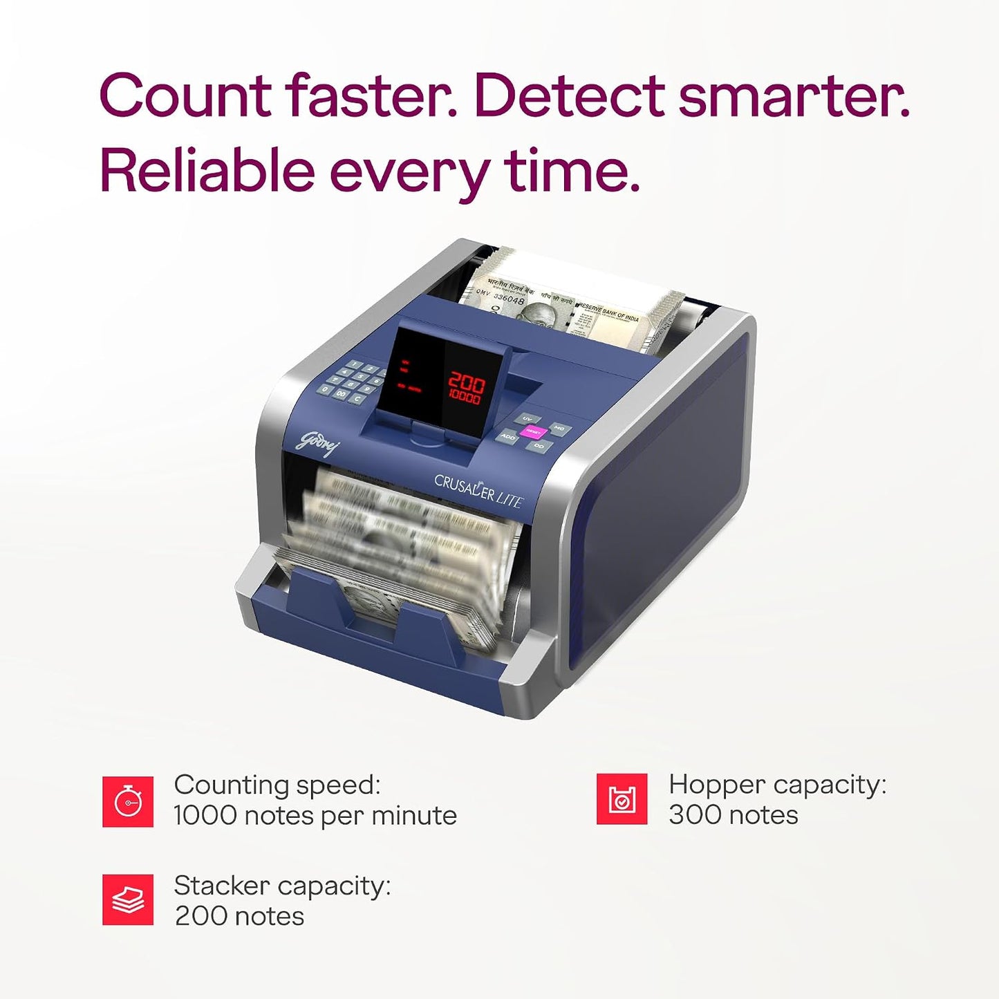 Godrej Security Solutions Bill Counter Crusader Lite Cash/Currency Counting Machine 1000 Notes/Min With Customer Display Unit | Fully Automatic & UV, MG & IR Sensors | Fake Note Detector For Bank Home