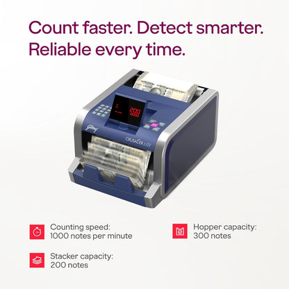 Godrej Security Solutions Bill Counter Crusader Lite Cash/Currency Counting Machine 1000 Notes/Min With Customer Display Unit | Fully Automatic & UV, MG & IR Sensors | Fake Note Detector For Bank Home