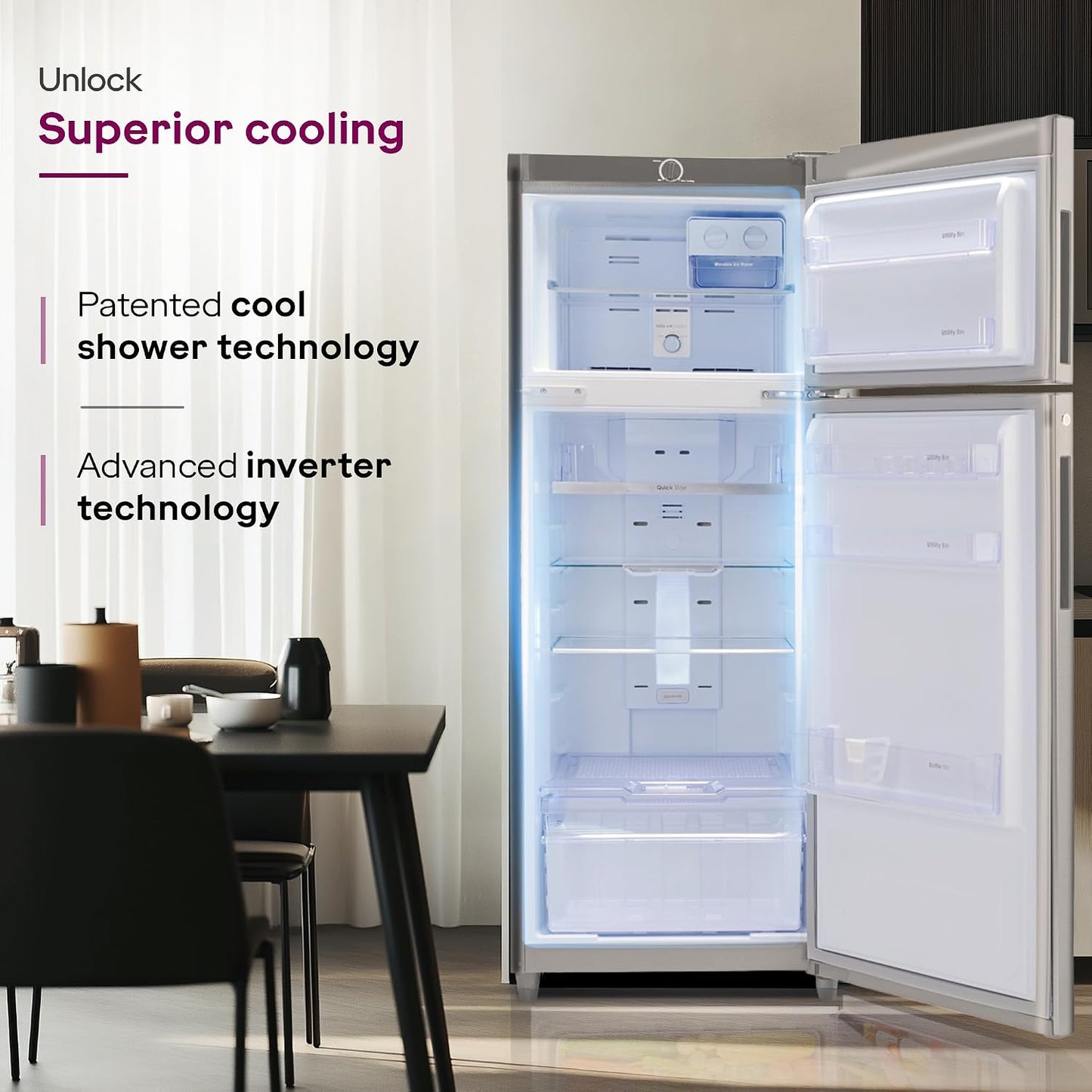 Godrej 223 L 2 Star 5 Years Comprehensive Warranty | 95%+ Food Surface Disinfection | Uniform 360° Cooling | Inverter Frost Free Double Door Refrigerator (RF EON 244B RI ST GL, Steel Glow)