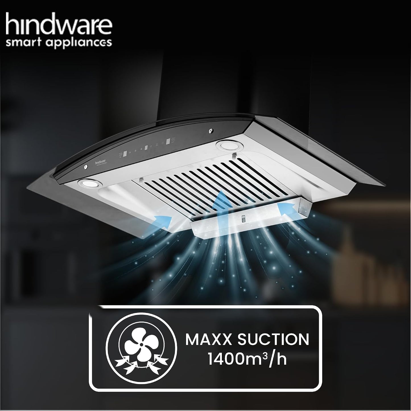 Hindware Smart Appliances Nevio Plus 90 IN 1300 CMH 90 cm | Curved Glass | Baffle Filter | Touch Control | Motion Sensor | 10 Years Motor Warranty | Energy Efficient LED Light | Powerful Suction | Auto Clean Chimney (Wall Mounted, Black)