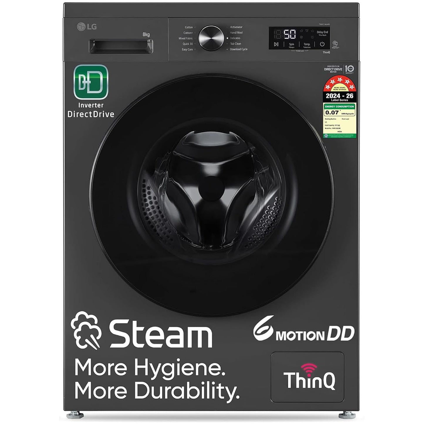 LG 8 kg 5 Star, Inverter Direct Drive Technology, Wi-Fi Enabled, 6 Motion DD, Steam Fully Automatic Front Load with In-built Heater Grey, Black (FHB1208Z4M)