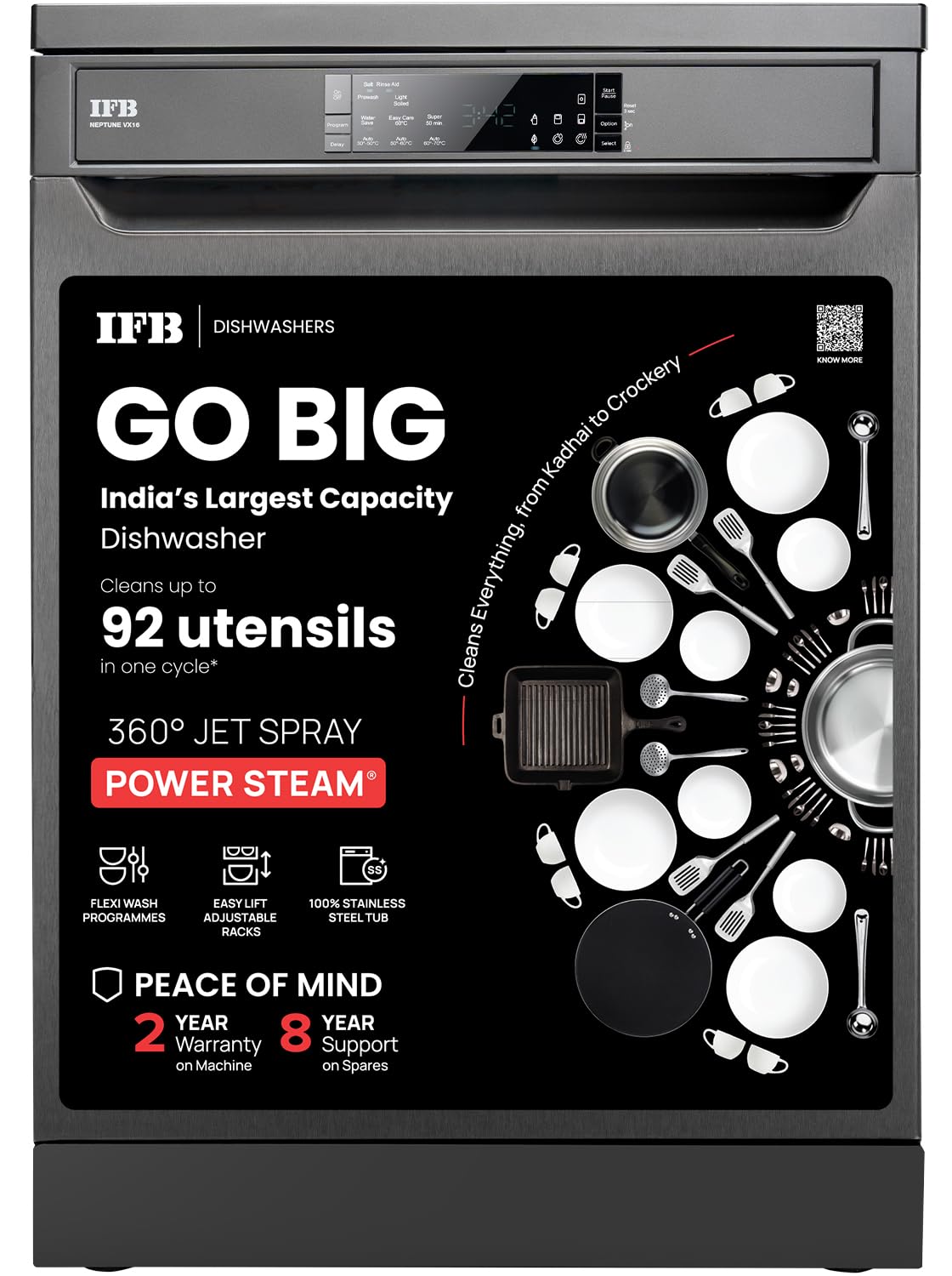 IFB 16 Place Settings (fits up to 95+ utensils)with DeepClean® Technology Powered by AI Freestanding Dishwasher (Neptune VX16, Inox Grey, Largest Capacity Washes upto 92 Utensils, 70° Hot Water Wash)