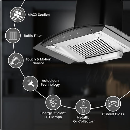 Hindware Smart Appliances Nevio Plus 90 IN 1300 CMH 90 cm | Curved Glass | Baffle Filter | Touch Control | Motion Sensor | 10 Years Motor Warranty | Energy Efficient LED Light | Powerful Suction | Auto Clean Chimney (Wall Mounted, Black)